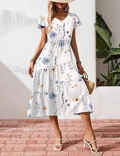Summer Casual Maxi Dress Flutter Sleeve Tiered Long Dress