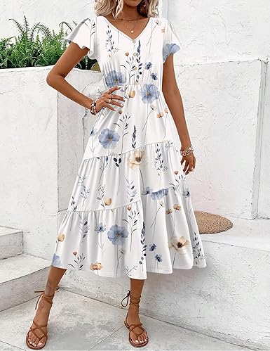 Summer Casual Maxi Dress Flutter Sleeve Tiered Long Dress