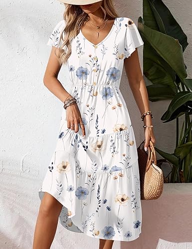Summer Casual Maxi Dress Flutter Sleeve Tiered Long Dress
