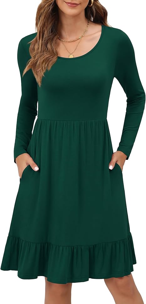 Women's Long Sleeve Pleated Fall Dress with Pockets 2025