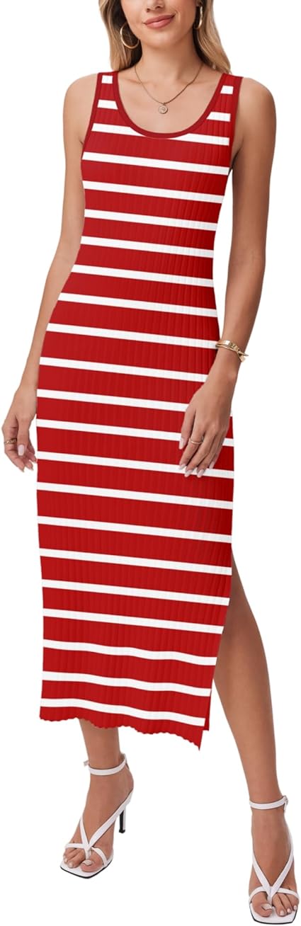 Women’s Striped Knit Maternity Dress Sleeveless Bodycon Midi Slit