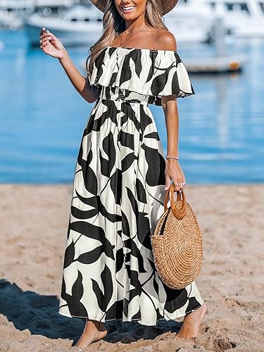 Shoulder Floral Maxi Dress Ruffle Slit Hem Beach Summer