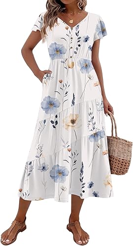 Summer Casual Maxi Dress Flutter Sleeve Tiered Long Dress
