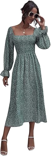 Women’s Boho Maxi Dress Square Neck Smocked Puff Sleeve A-Line