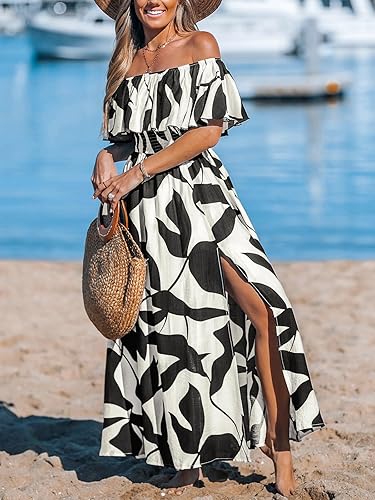 Shoulder Floral Maxi Dress Ruffle Slit Hem Beach Summer