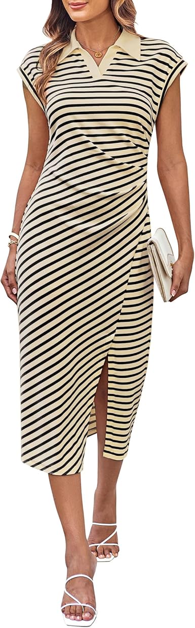 Women’s Polo V Neck Midi Dress Side Slit Ruched Summer