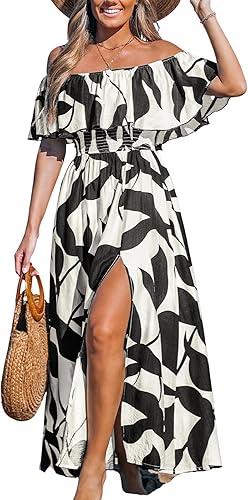 Shoulder Floral Maxi Dress Ruffle Slit Hem Beach Summer