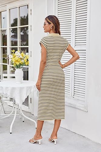 Women’s Polo V Neck Midi Dress Side Slit Ruched Summer