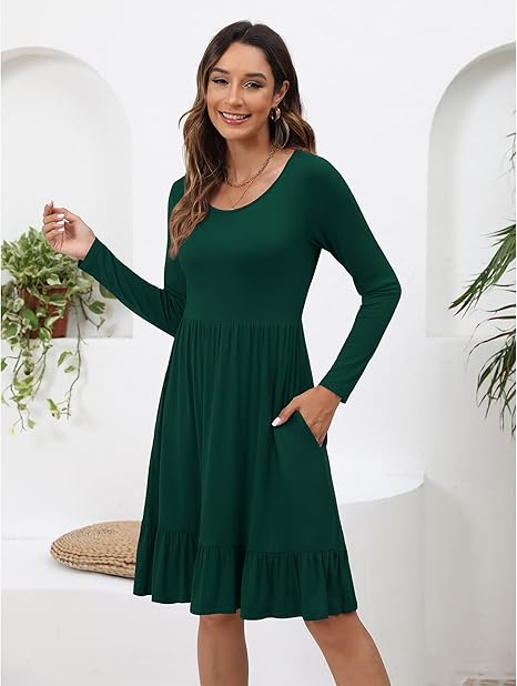 Women's Long Sleeve Pleated Fall Dress with Pockets 2025