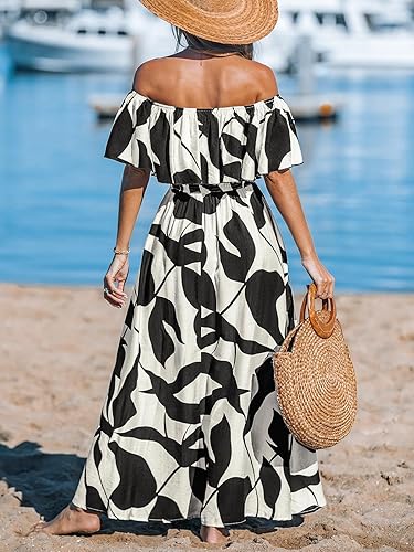 Shoulder Floral Maxi Dress Ruffle Slit Hem Beach Summer