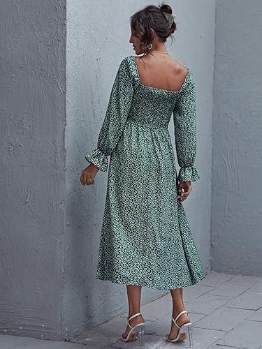 Women’s Boho Maxi Dress Square Neck Smocked Puff Sleeve A-Line