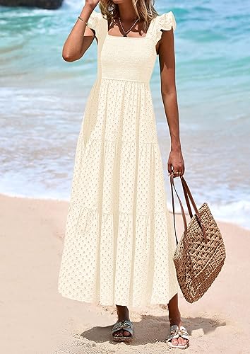 Women’s Summer Maxi Dress Eyelet Smocked Flowy w/ Pockets