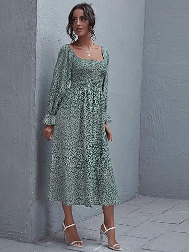 Women’s Boho Maxi Dress Square Neck Smocked Puff Sleeve A-Line