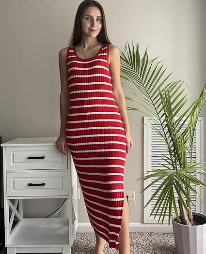 Women’s Striped Knit Maternity Dress Sleeveless Bodycon Midi Slit