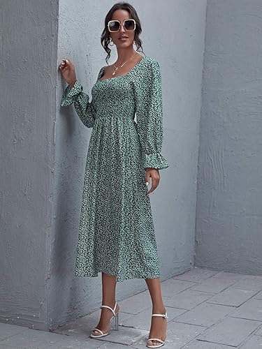 Women’s Boho Maxi Dress Square Neck Smocked Puff Sleeve A-Line