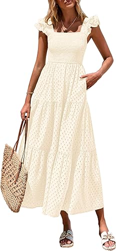 Women’s Summer Maxi Dress Eyelet Smocked Flowy w/ Pockets
