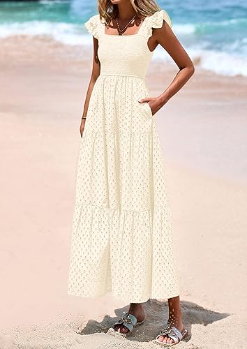 Women’s Summer Maxi Dress Eyelet Smocked Flowy w/ Pockets