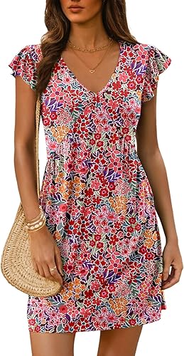 Women’s 2025 V Neck Ruffle Sleeve Loose Mini Sundress Beach