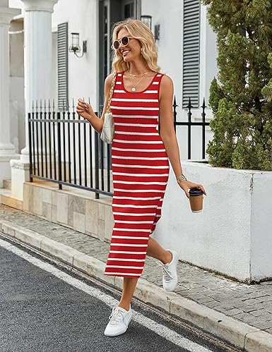 Women’s Striped Knit Maternity Dress Sleeveless Bodycon Midi Slit