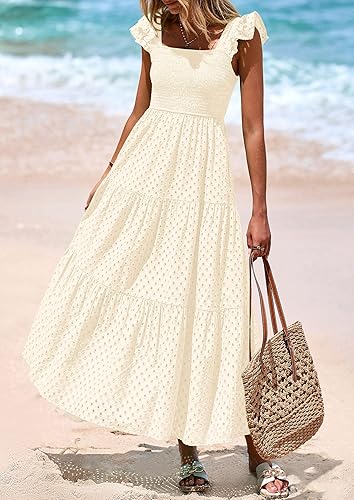 Women’s Summer Maxi Dress Eyelet Smocked Flowy w/ Pockets